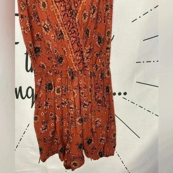 Mossimo Gauze Rust Burnt Orange Sunflower Summer Boho Romper w/ pockets - Picture 5 of 9